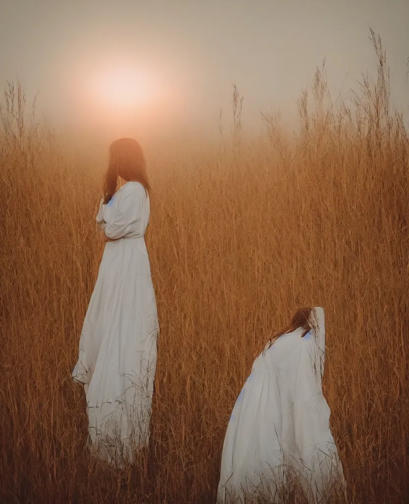 Prompt: “ a sad woman wearing a white gown standing in a tall grass field during a misty sunset, realism ”