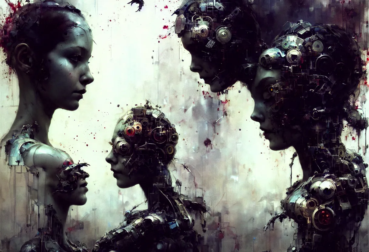 Image similar to beautiful young girl pensive cyborg face, surrounded by small robot birds, matte painting, by emil melmoth zdzislaw beksinki craig mullins yoji shinkawa realistic render ominous detailed photo atmospheric by jeremy mann francis bacon and agnes cecile