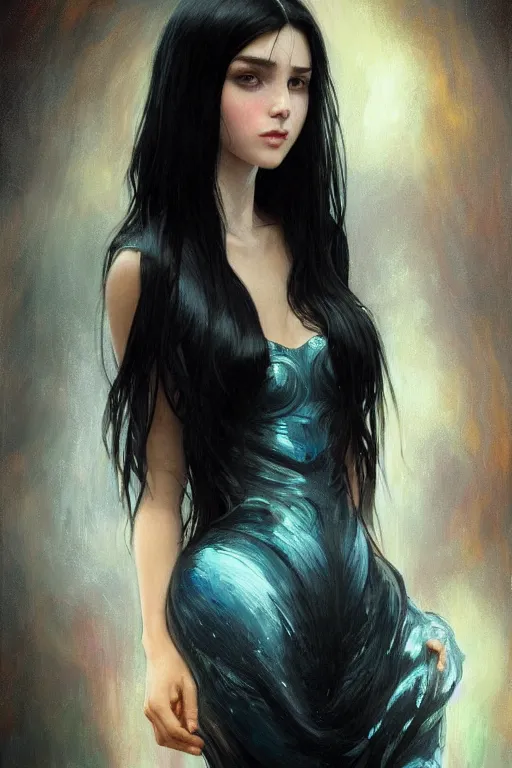 Prompt: portrait of teenage girl with long glossy black hair, blue eyes, glowing skin, fashion model features, fantasy, intricate, elegant, black dress, highly detailed, digital painting, artstation, concept art, smooth, sharp focus, illustration, art by Krenz Cushart and Artem Demura and alphonse mucha