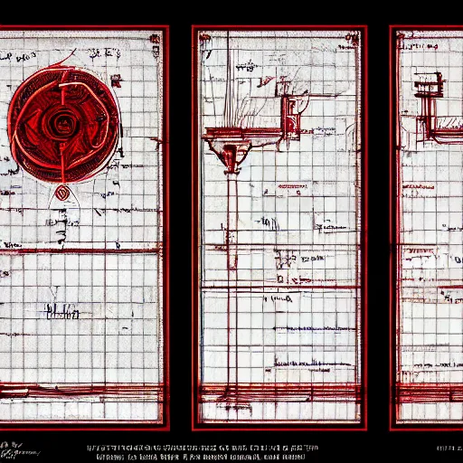 Prompt: simple blueprint drawings of spells, red symbols, blueprint red ink, calotype, lost grimoire, found papers, black paper, symmetry, RED writing, decay, full page writings, ornate borders + concept art, intricate writing, artstation, junji ito