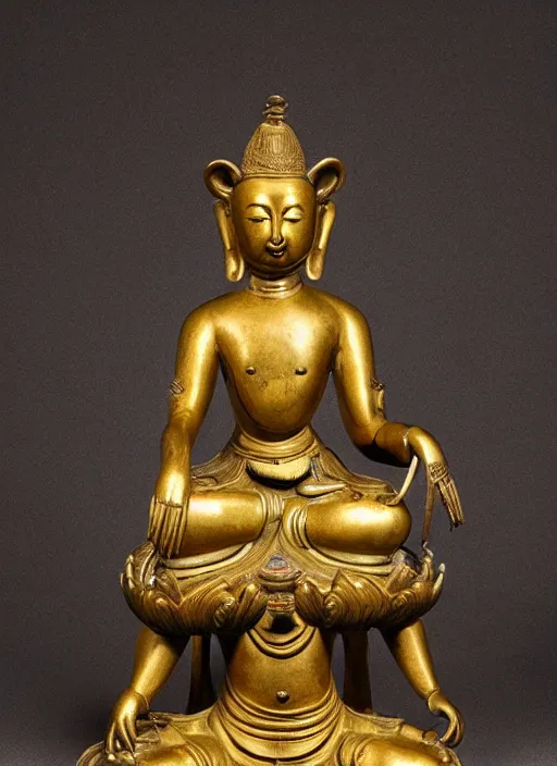 Image similar to photo of a magnificent gilt-bronze seated figure of bodhisattva, anthropomorphized asian black bear, head of an asian black bear, Early Ming dynasty, late 14th-15th century, studio lighting