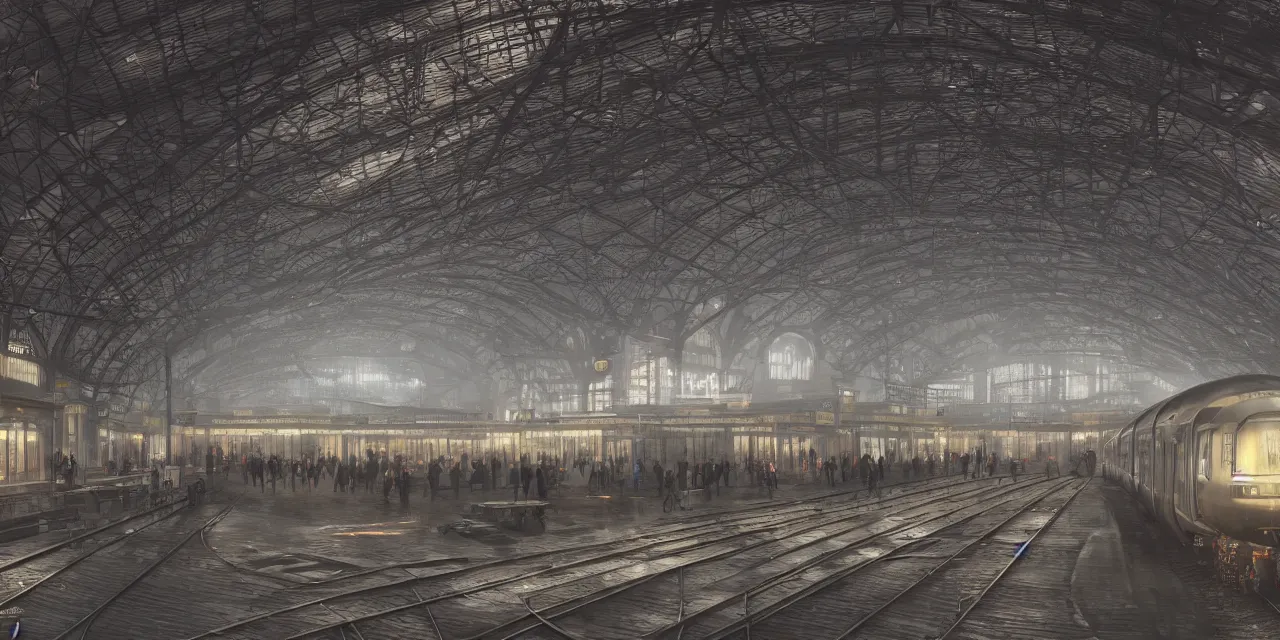 Prompt: an ultradetailed render of a grand cyberpunk train station. soft light, by artyon vlaskin and atkinson grimshaw, trending on artstation. supersonic trains and passengers. large led screens. octane render, 4 k hd wallpape