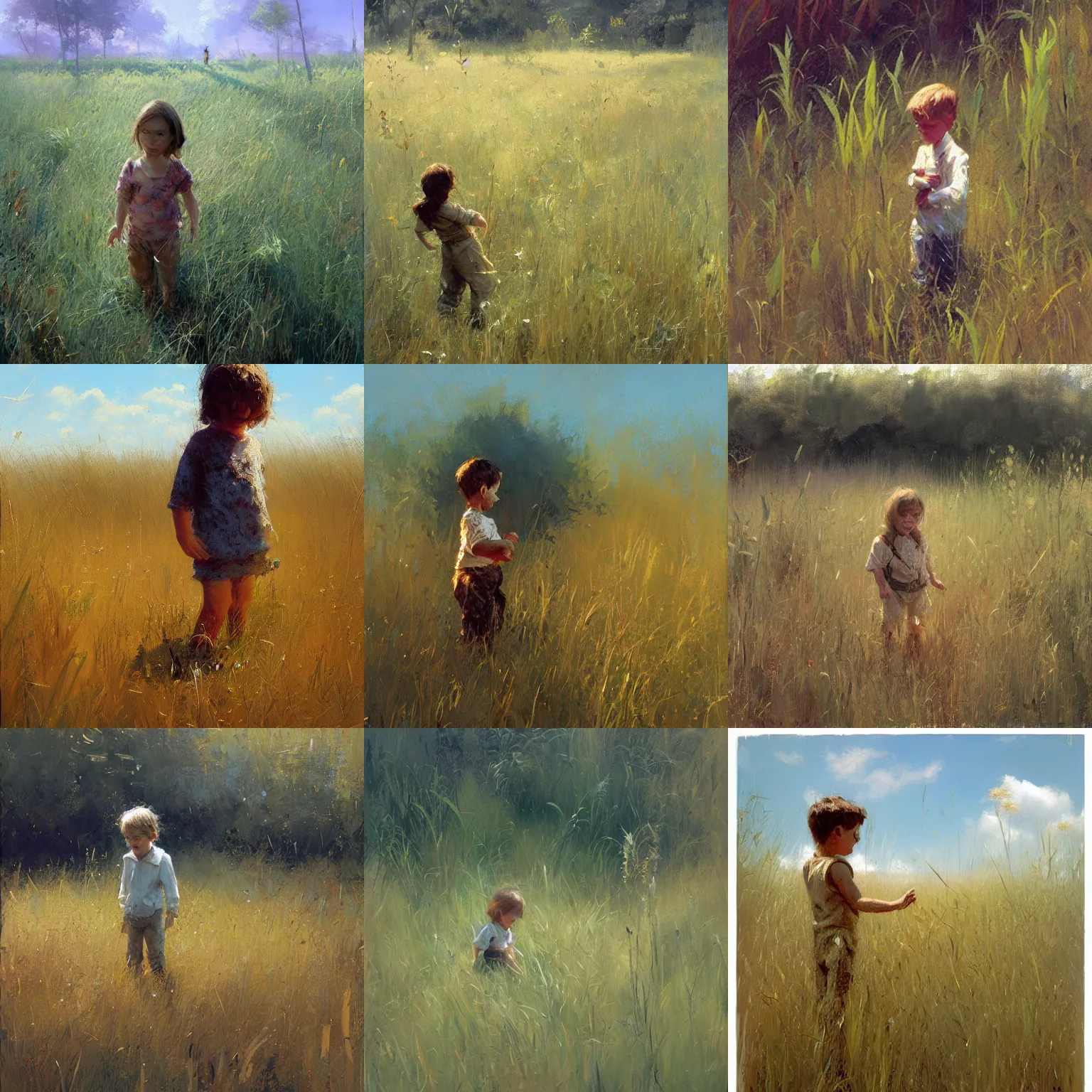 Prompt: tiny shrunk human in tall grass, painting by Craig Mullins, oil on canvas,