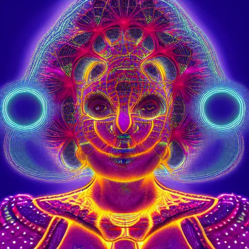 Prompt: african fractals, adinkra symbols, cosmic afro goddess covered in gold, by alex grey and Agostino Arrivabene, mandelbulber3d, 8k resolution, ambient oclusion, neon blacklight color scheme