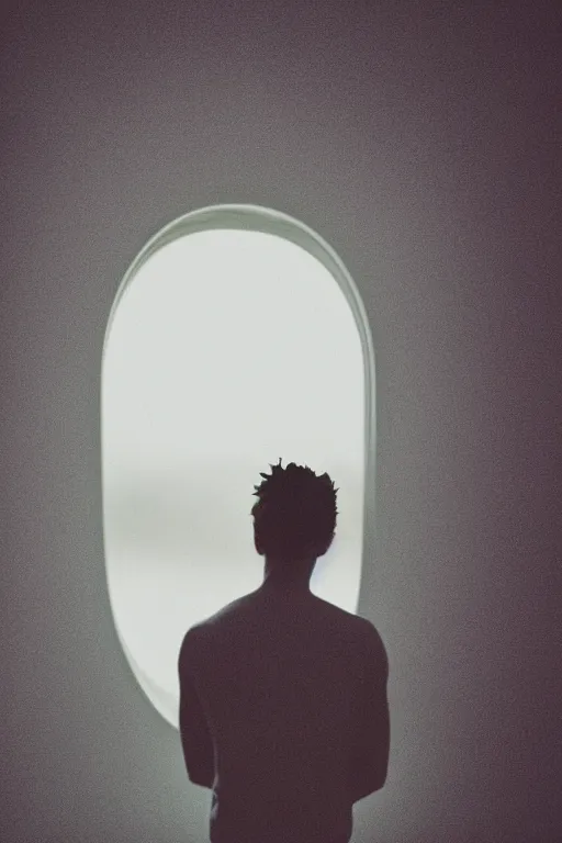 Image similar to kodak portra 1 6 0 photograph of a skinny guy standing in a spaceship, flower crown, back view, view of earth from window, moody lighting, moody vibe, telephoto, 9 0 s vibe, blurry background, tranquil, calm, faded!,