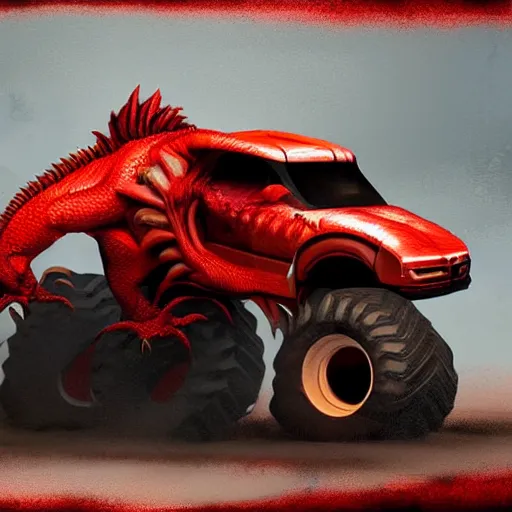Prompt: A red dragon head as a monster truck body, concept art, trending on artstation