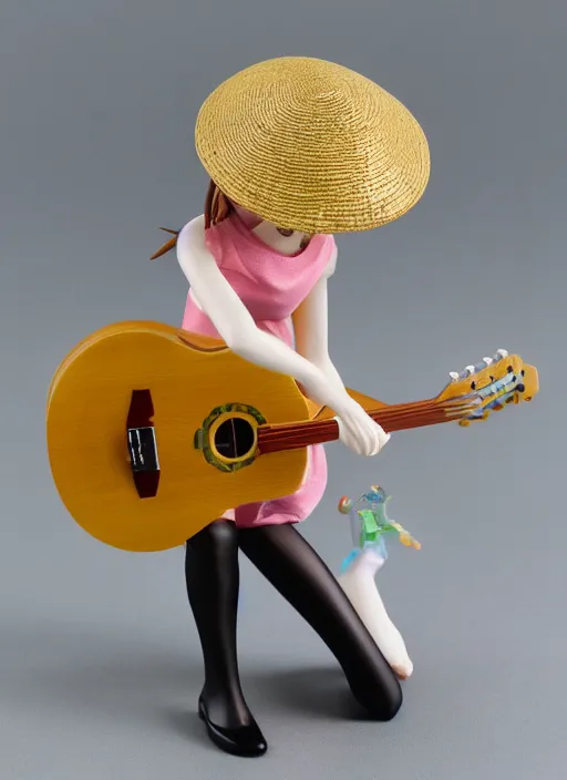 Prompt: Fine Image on the store website, eBay, Full body, 80mm resin figure of a Straw hat cute girl playing guitar, environmental light from the front