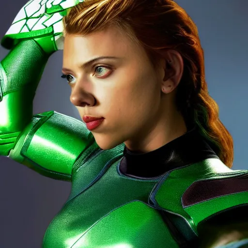 Image similar to scarlett johansson as the green power ranger, digital photography, highly detailed