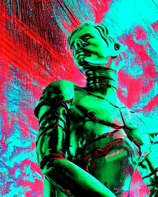 Image similar to dramatic cyberpunk portrait of a metallic marble statue, crystalline, red glow, green glow, blue glow, atmospheric haze, intense shading, chromatic aberration, glitch, backlit, bokeh, centered