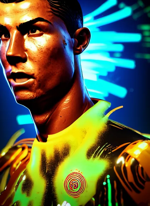 Image similar to glowwave portrait of cristiano ronaldo from borderlands 3, au naturel, hyper detailed, digital art, trending in artstation, cinematic lighting, studio quality, smooth render, unreal engine 5 rendered, octane rendered, art style by klimt and nixeu and ian sprigger and wlop and krenz cushart.