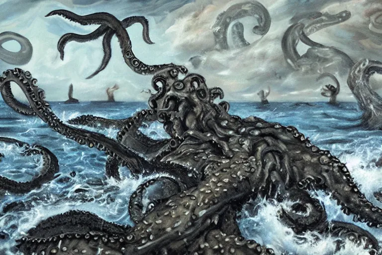 Image similar to a nightmarish oil painting of a kraken devouring the ancient home of the baby seals, dark ominous sky in the background, scary