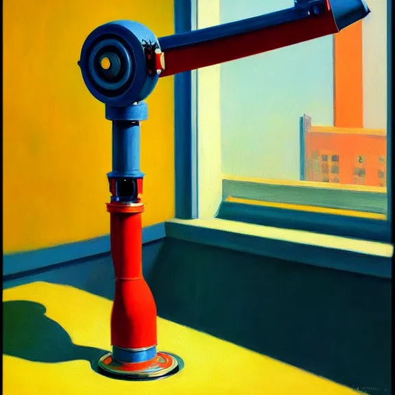 Image similar to beautiful illustration of a robotic arm painting an artwork on a canvas with a paintbrush by Edward Hopper, clean lines, very detailed, colorful octane render