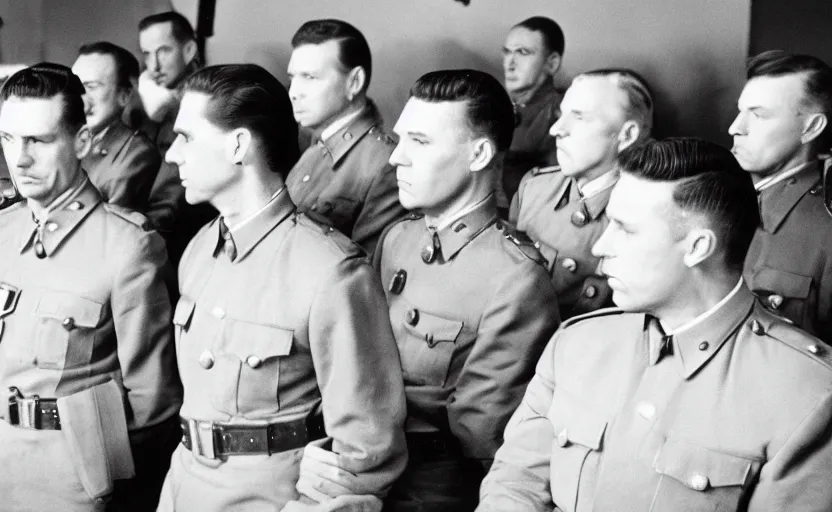 Prompt: 50s movie still of very diverse one general, one officers, one marshal, with very detailed faces in a stalinist style hall, by Alexei Guerman, Cinestill 800t 35mm black and white, heavy grainy picture, very detailed, high quality, 4k, HD criterion, precise texture, diverse faces, diverse haircuts, diverse ages, each faces precisely define
