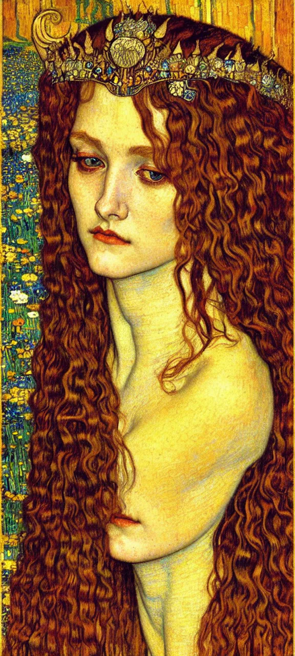 Image similar to detailed realistic beautiful young medieval queen face portrait by jean delville, gustav klimt and vincent van gogh, art nouveau, symbolist, visionary, gothic, pre - raphaelite, muted earthy colors, desaturated