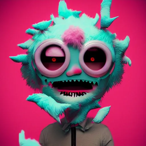 Prompt: misbehaving fuzzy monster, in the style of billelis and james jean and pedro conti and stanley kubrick, inspired by die antwoord, kawaii colors, photorealistic, epic, super technical, 3 d render