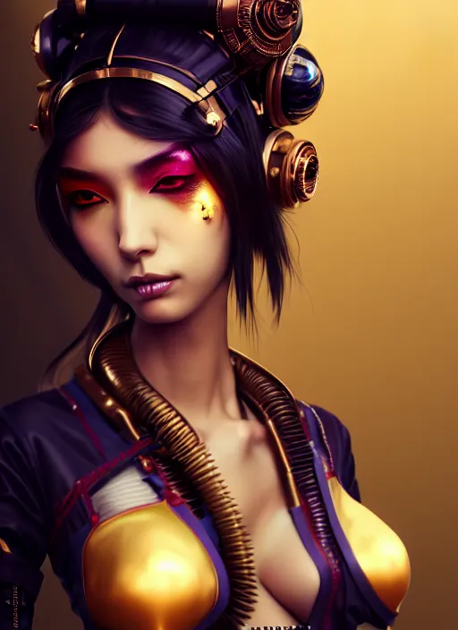 Image similar to soft lustrous ebony seductive geisha raver gutter punk steampunk cyborg, golden ratio, details, scifi, fantasy, cyberpunk city, intricate, decadent, highly detailed, digital painting, octane render, artstation, concept art, smooth, sharp focus, illustration, art by artgerm, loish, wlop