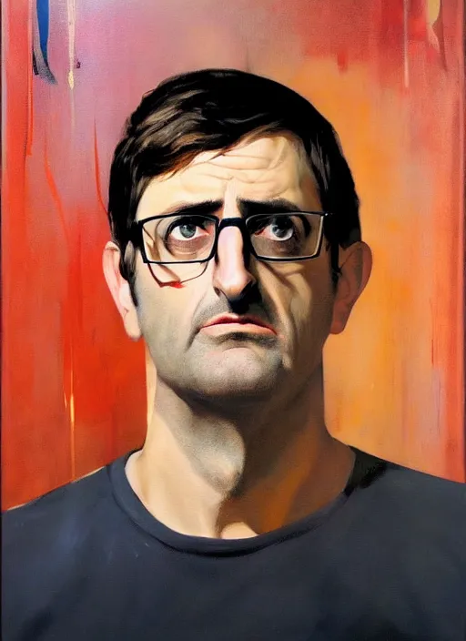 Prompt: louis theroux, painting by phil hale, 'action lines'!!!, graphic style, visible brushstrokes, motion blur, blurry