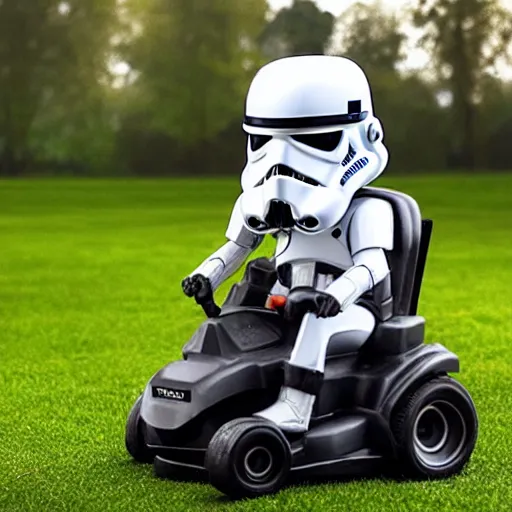 Prompt: An Imperial Stormtrooper riding a lawnmower in an alien spaceship, 4K HD