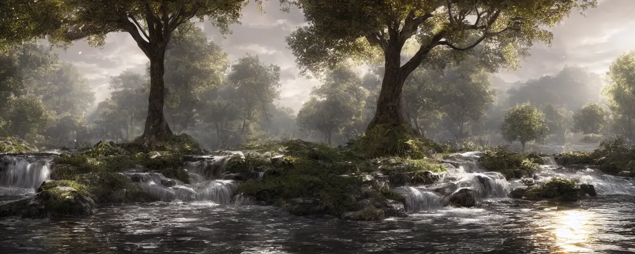 Image similar to of heaven with a river of the water of life, clear as crystal, flowing from the throne of god and of the lamb, in the middle of its street on either side of the river was the tree of life, by daniel f. gerhartz and matt stewart, fantasy, photorealistic, octane render, unreal engine, dynamic lighting