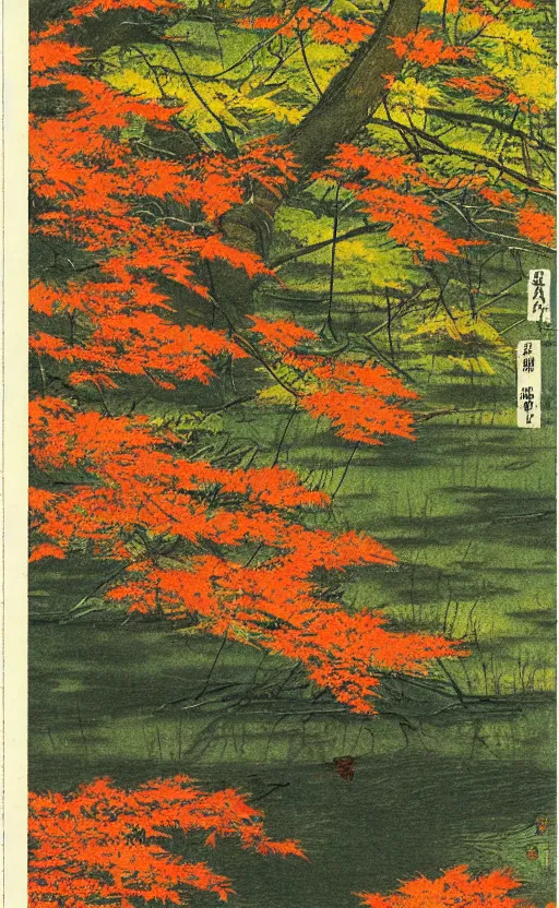 Prompt: by akio watanabe, manga art, a maple forest opens to big water pond, fall season, trading card front
