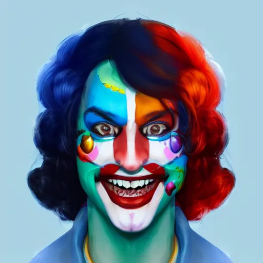 Image similar to Portrait of a colorful happy joyful clown, artstation, cgsociety, masterpiece