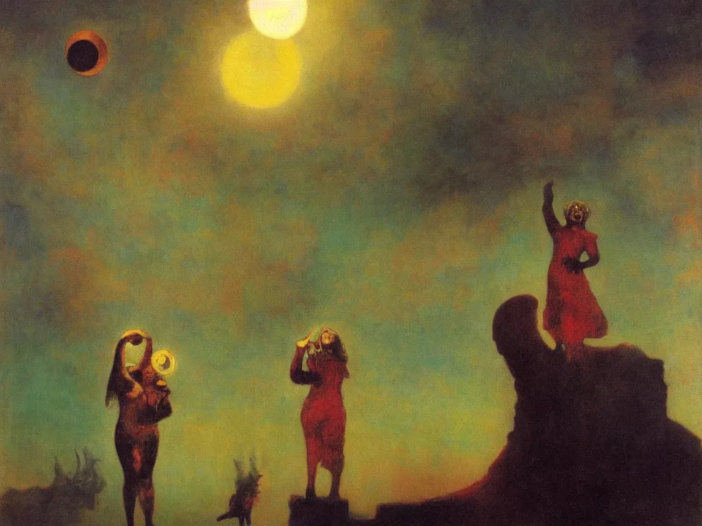 Prompt: bright dramatic lighting colorful surrealist symbolist oil painting titled'mama here comes midnight with the dead moon in its jaws must be the big star about to fall ', magical realism symbolist, ruined city landscape with hybrid animal protagonist, painted by arnold bocklin and odilon redon and max ernst, shocking detail trending on artstation 8 k