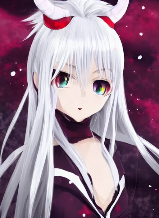 Image similar to white haired anime girl with horns, red eyes, cute