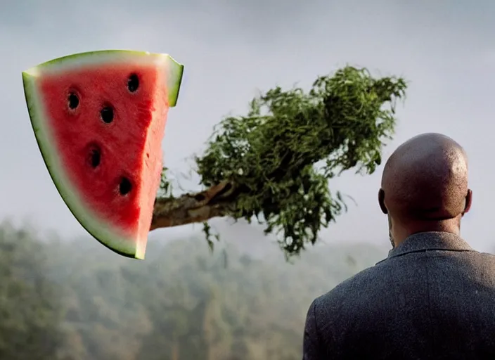 Image similar to film still of a man with a watermelon on his a head in the new horror movie, 4 k