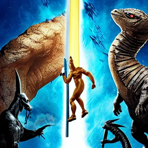 Image similar to movie poster of dwayne johnson with a baseball bat fighting king ghidorah outside a space station