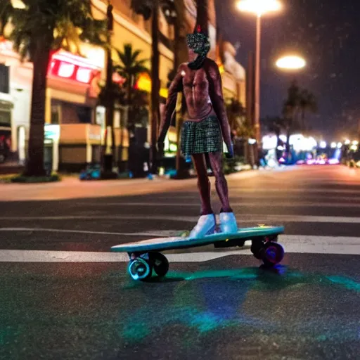 Image similar to a moai roller skating on the street, set at night