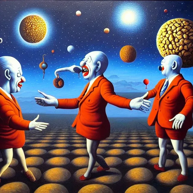 Prompt: an oil on canvas painting of a clowns having an argument over the meaning of life, surrealism, surrealist, cosmic horror, rob gonsalves, high detail