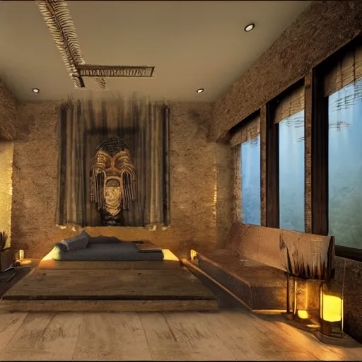 Prompt: aztec interior design, superwide angle, light through the mist, dramatic lighting, photorealistic, cinematic lighting, high detail, cinematic feel