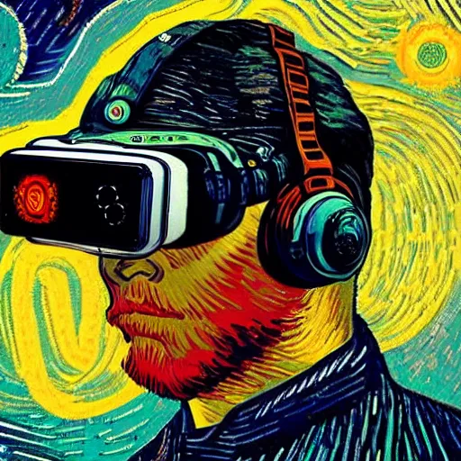 Image similar to Illustrated by Shepard Fairey and H.R. Geiger | Cyberpunk VAn Gogh with VR helmet, surrounded by cables