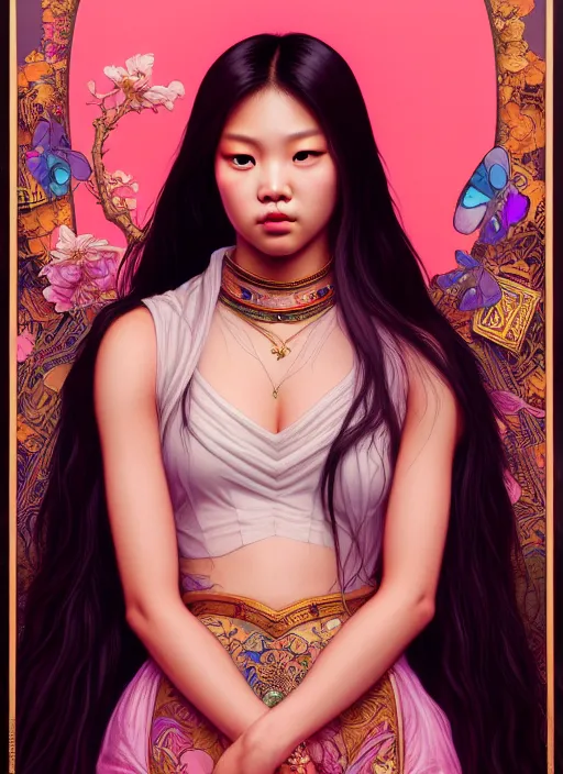 Prompt: jennie kim of blackpink, queen, tarot card, highly detailed, digital painting, smooth, sharp focus, illustration, ultra realistic, unreal engine, 8 k, art by simon bisley and greg rutkowski and alphonse mucha
