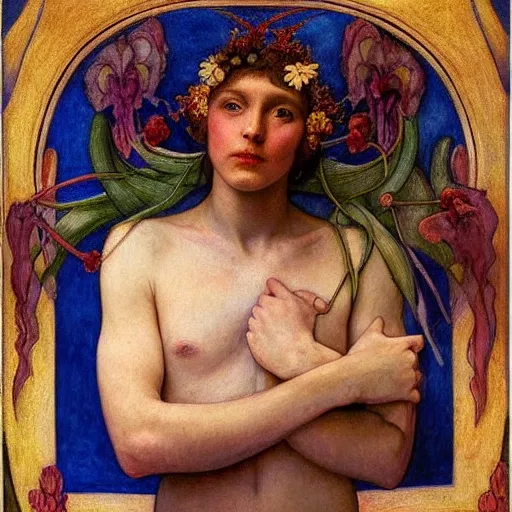 Image similar to the flower prince wearing the bone crown, by Annie Swynnerton and Diego Rivera and Elihu Vedder, symbolist, dramatic lighting, elaborate geometric ornament, Art Brut, soft cool colors,smooth, sharp focus, extremely detailed, Adolf Wölfli and Evelyn De Morgan