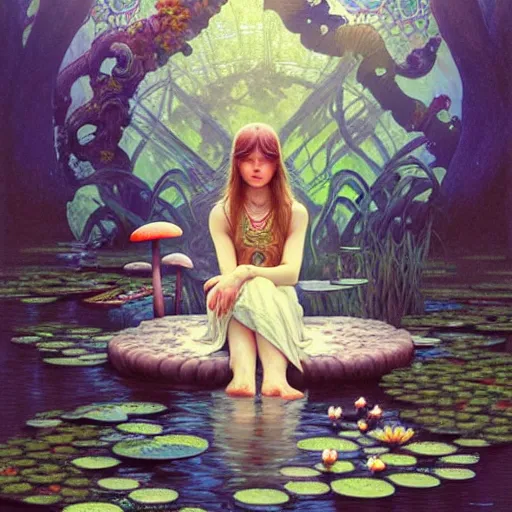 Image similar to Portrait of a girl surrounded by mushrooms while sitting at a pond with waterlilies, face, fantasy, intricate, elegant, highly detailed, digital painting, artstation, concept art, smooth, sharp focus, illustration, art by Fernanda Suarez and Artem Demura and alphonse mucha