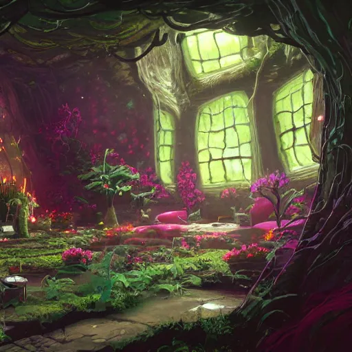 Image similar to concept art painting of a interior of a fungal cozy alien fantasy cottage, with black vines and magenta plants, realistic, detailed, cel shaded, dark, in the style of makoto shinkai and greg rutkowski and james gurney