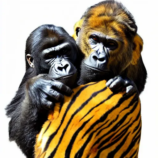 Prompt: a gorilla hugging a tiger,