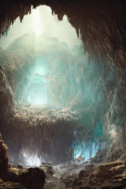 Prompt: beautiful crystal geode in a cavern, landscape, alex ross, eddie mendoza, raphael lacoste, sebastian ludke, concept art, matte painting, highly detailed, rule of thirds, dynamic lighting, cinematic, realism, realistic, photo real, detailed, magnificiant landscape, denoised, centerd