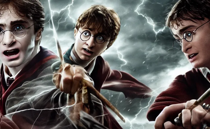 Prompt: magic battle between Harry Potter and Voldermort, spell, wind, stormy, cinematic