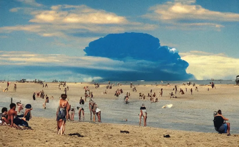 Image similar to sunny day at the beach blue sky nuclear mushroom cloud on the horizon and few people watching it war apocalyptic photorealistic