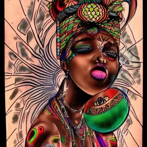 Prompt: african goddess with tribal tattoos smoking weed