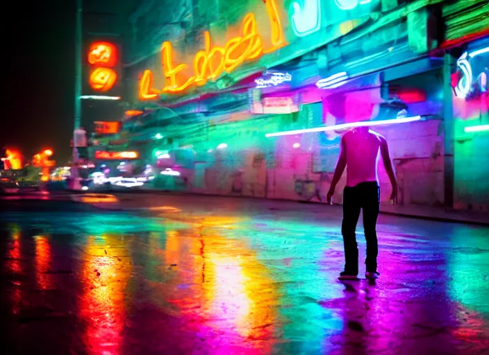 Prompt: a person with long, flowing hair skateboards through an empty neon philadelphia in the rain, colored gel lighting, reflective surfaces, midnight, portra, film grain, reminiscent of blade runner, dynamic