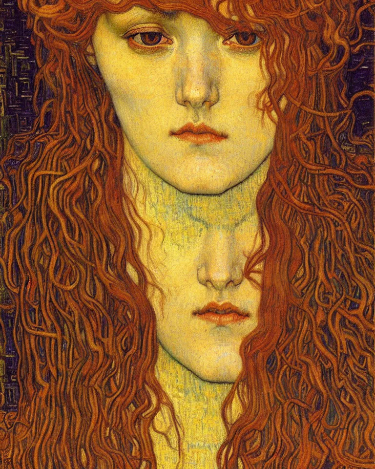 Image similar to detailed realistic beautiful young medieval queen face portrait by jean delville, gustav klimt and vincent van gogh, art nouveau, symbolist, visionary, gothic, pre - raphaelite, muted earthy colors, desaturated