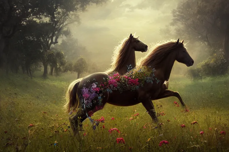 Image similar to a stunning horse with a mane of vines and flowers running through a meadow by greg rutkowski, high key lighting, volumetric light, digital art, highly detailed, fine detail, intricate, ornate, complex, octane render, unreal engine, photorealistic