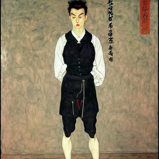 Image similar to full body painting of grumpy handsome thin beautiful man in his 2 0 s named min - jun in a french female maid outfit, modern clothing, elegant, clear, painting, stylized, delicate facial features, stylized thin lines, soft but grumpy, highly detailed, art, art by egon schiele