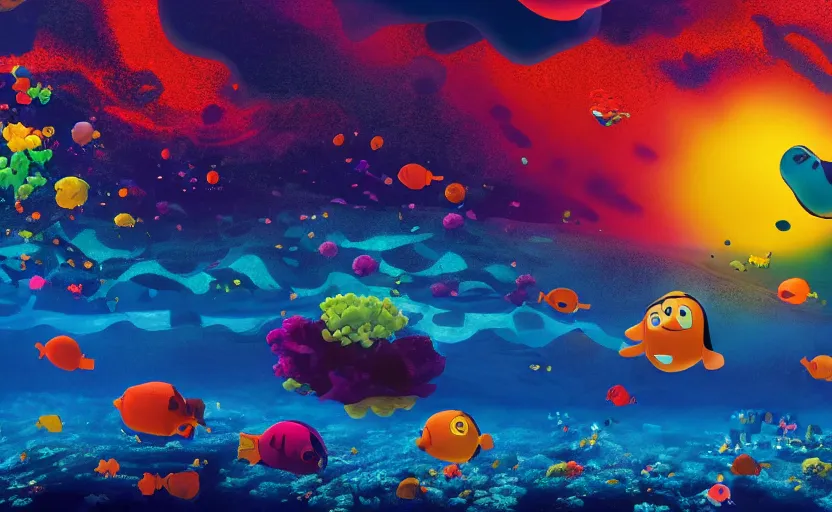 Image similar to giant black liquid blobs flying through a colorful coral reef, enigmatic scene, dusk, sunrise, still from a 2001 pixar movie, 4k, high quality wallpaper