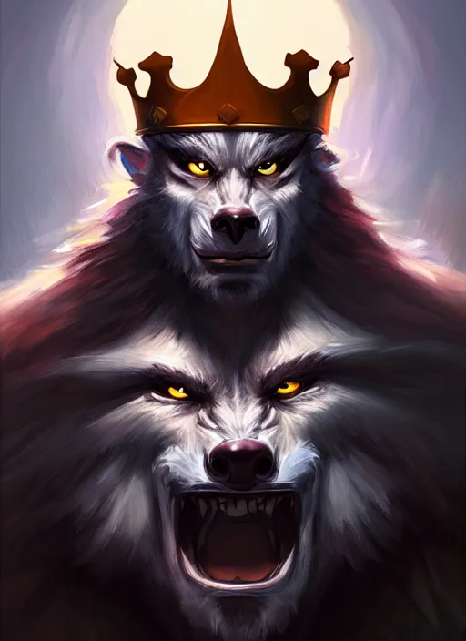 Image similar to portrait painting of werewolf king with crown, acrylic, daz. detailed, portrait, oil painting, artstation, unreal 5, hd, artgerm, dnd, rpg