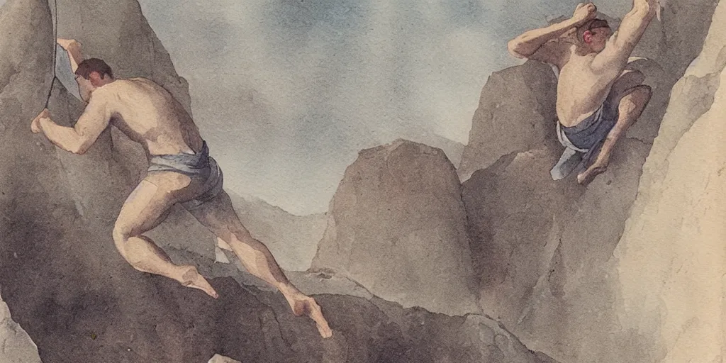 Prompt: antique watercolour painting of man climbing mountain