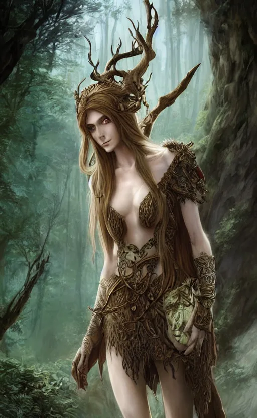 Prompt: female wood elf, druid, woodland, dramatic pose, d & d, fantasy, intricate, very beautiful, highly detailed, elegant, digital painting, artstation, concept art, matte, smooth and sharp focus, rpg artwork, illustration, by rene maritte and tian zi and wlop and alsphonse mucha and artgerm and and pino daeni and dan mumford,